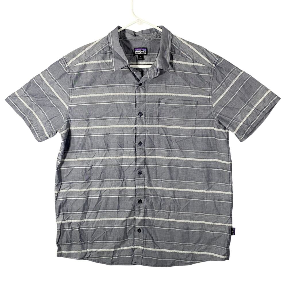 Patagonia Fezzman Organic Cotten Short Sleeve Button Up Striped Shirt Mens Large